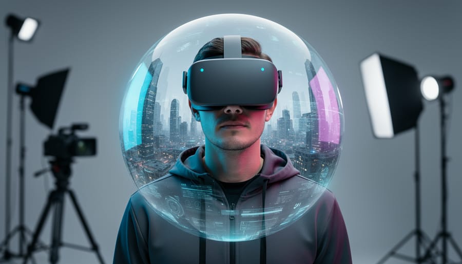 VR content creator wearing a headset with a semi-transparent 360 panorama sphere; the center appears sharply detailed while the edges blur, suggesting foveated streaming; studio setting with cool, dramatic lighting.