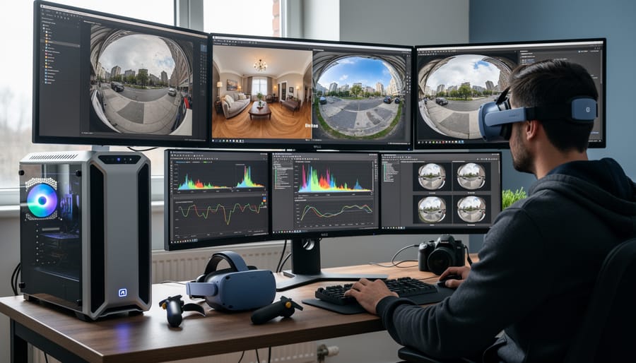 Person wearing VR headset viewing immersive 360-degree photography content