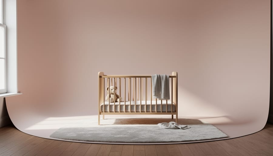 Gray fabric backdrop installed with smooth curve from wall to floor in nursery