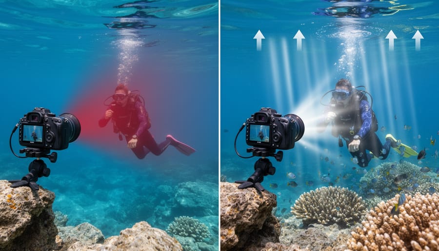 Light rays penetrating clear water showing how different wavelengths are absorbed at various depths