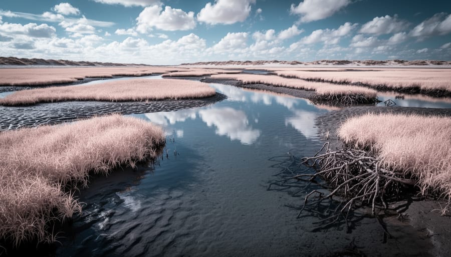 Infrared photograph of coastal wetland with shallow water channels and marsh vegetation
