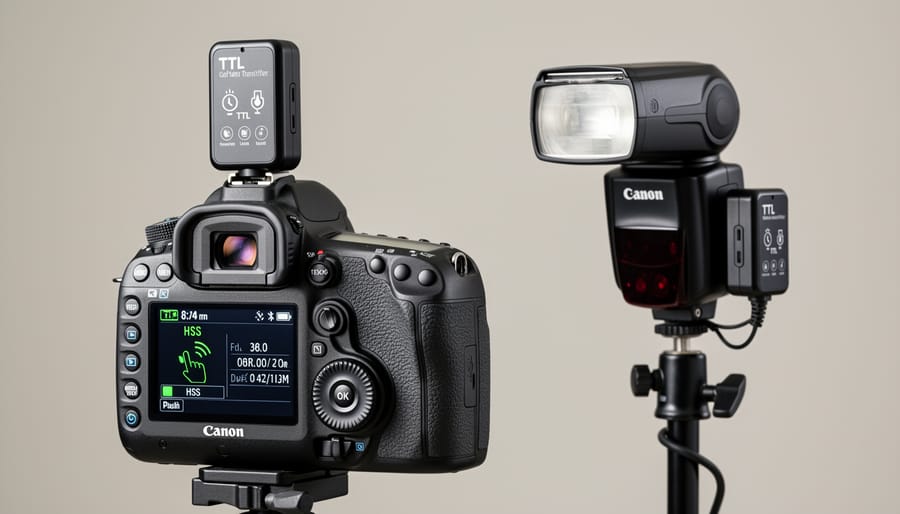 Wireless flash trigger transmitter on camera with receiver unit on external flash