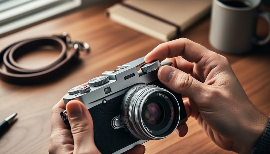 Photographer’s hands adjusting the shutter speed dial and aperture ring on a rangefinder-style compact camera, three-quarter top view with soft window light over a wood desk and blurred accessories in the background.