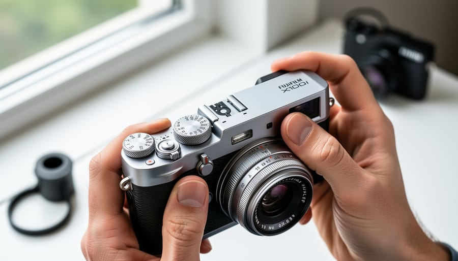 Overhead view of photographer's hands adjusting dials on Fujifilm X100VI camera