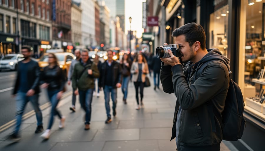 Photographer using Fujifilm X100VI for street photography in urban environment