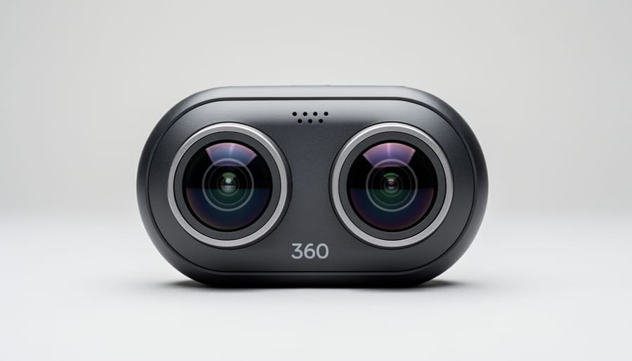 Dual-lens 360-degree camera mounted on tripod in interior setting