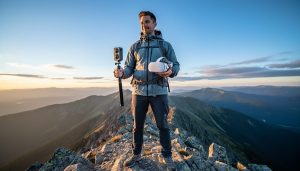 Adventure creator on a mountain summit holding a 360 camera on a monopod and a VR headset, photographed from a slight low angle at golden hour with distant mountain ridgelines in the background.