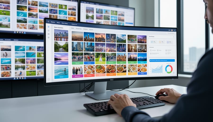Photographer using tablet with AI photo organization software showing automated image sorting