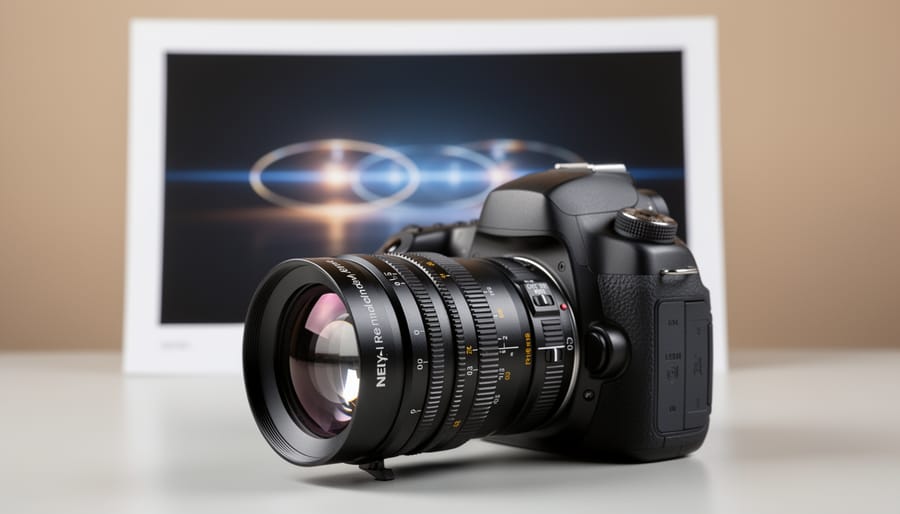 Close-up of photographer attaching anamorphic lens adapter to camera