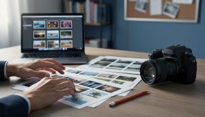 Hands of an articles editor reviewing printed photo contact sheets on a wooden desk next to an unbranded DSLR, red pencil, and open laptop with blurred thumbnails, lit by soft daylight; background bookshelf and corkboard out of focus with no visible text or logos.