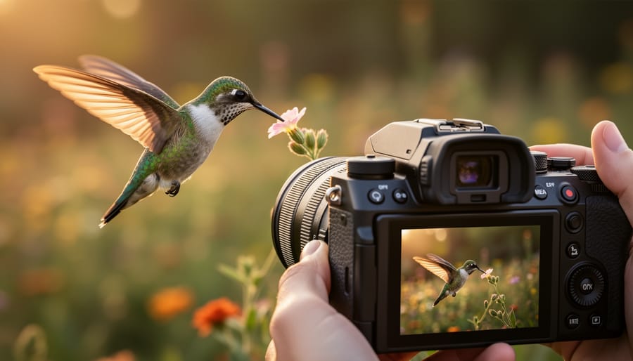 Over-the-shoulder eye-level view of an unbranded camera photographing a hovering hummingbird drinking from a flower at golden hour, the bird in sharp focus with creamy bokeh and blurred garden foliage behind.