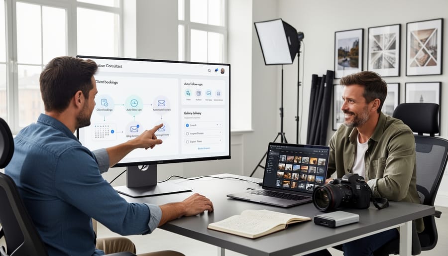 Person working on laptop with smartphone showing automated calendar scheduling