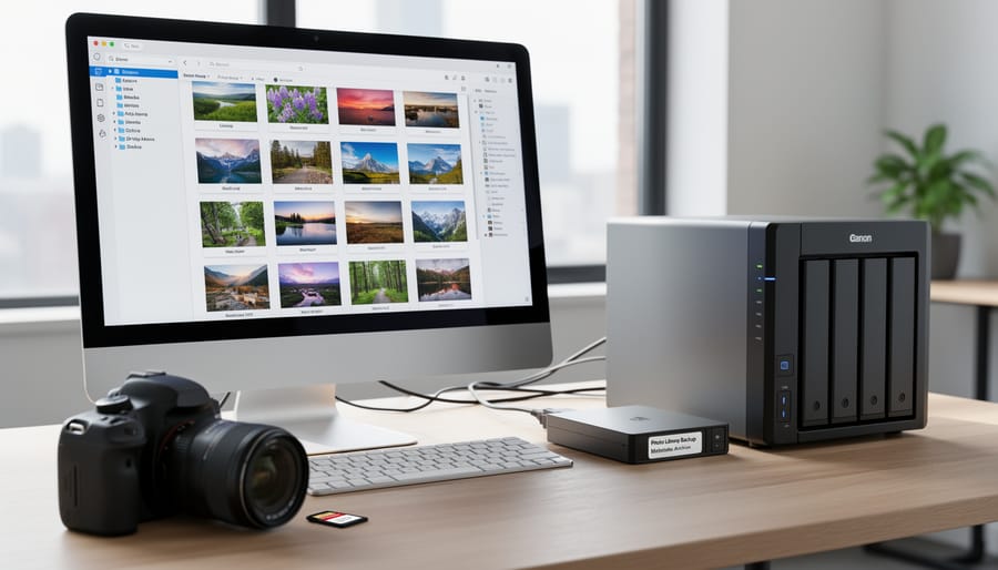 External hard drives and backup storage devices on desk with laptop showing photo thumbnails