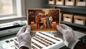 Gloved hands of a Black archivist holding a restored 1970s family photograph of smiling relatives at a backyard cookout, with a flatbed scanner, film negatives, and archival boxes softly blurred in the background under soft daylight.