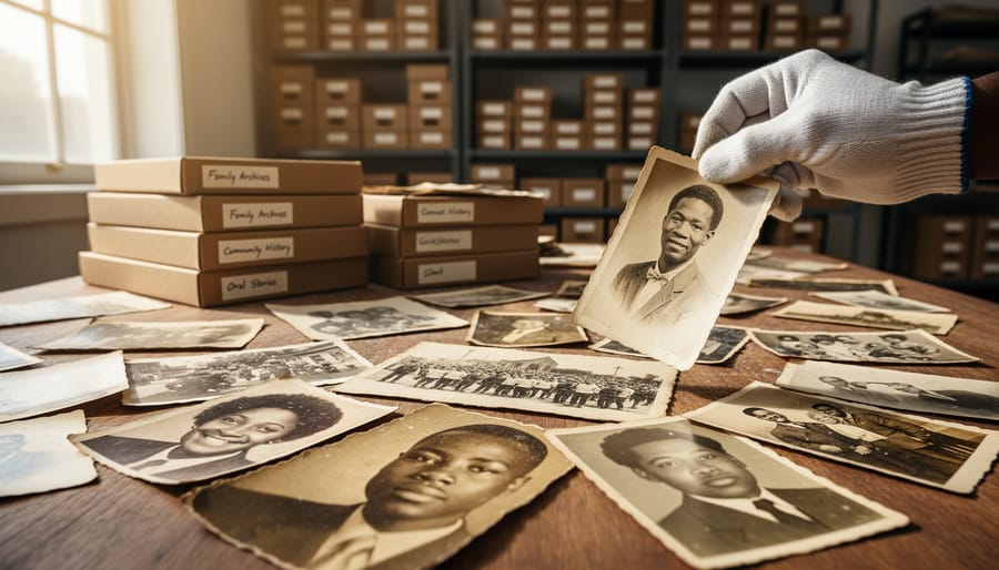Collection of vintage sepia photographs and archival storage boxes on wooden table
