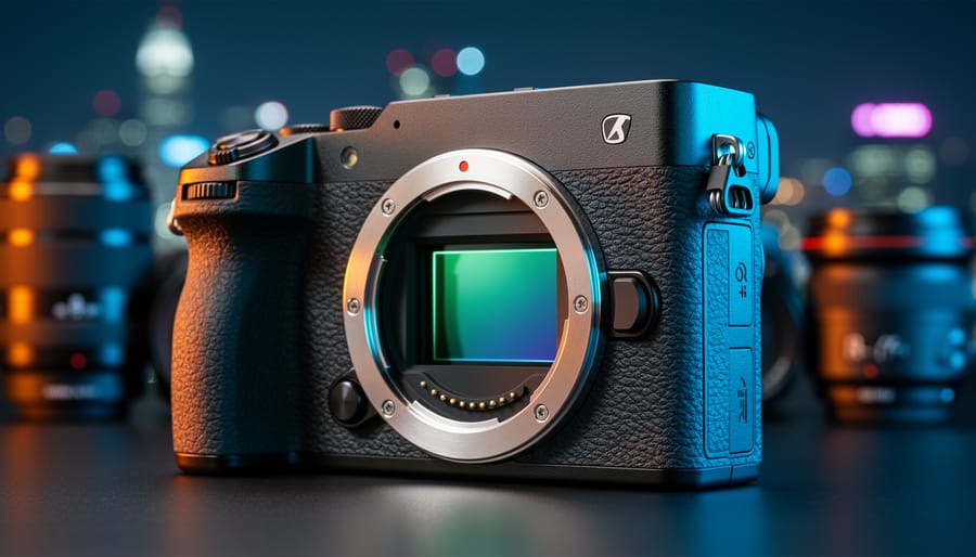 Close-up of an unbranded mirrorless camera body with exposed BSI CMOS sensor, lit by cool blue and warm tungsten light, with blurred city night bokeh and out-of-focus lenses in the background.