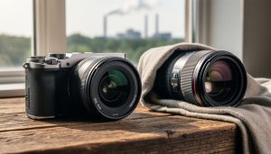 Close-up of a mirrorless camera and used telephoto lens wrapped in cloth on reclaimed wood, lit by soft daylight, with a blurred treeline and distant smokestacks in the background.