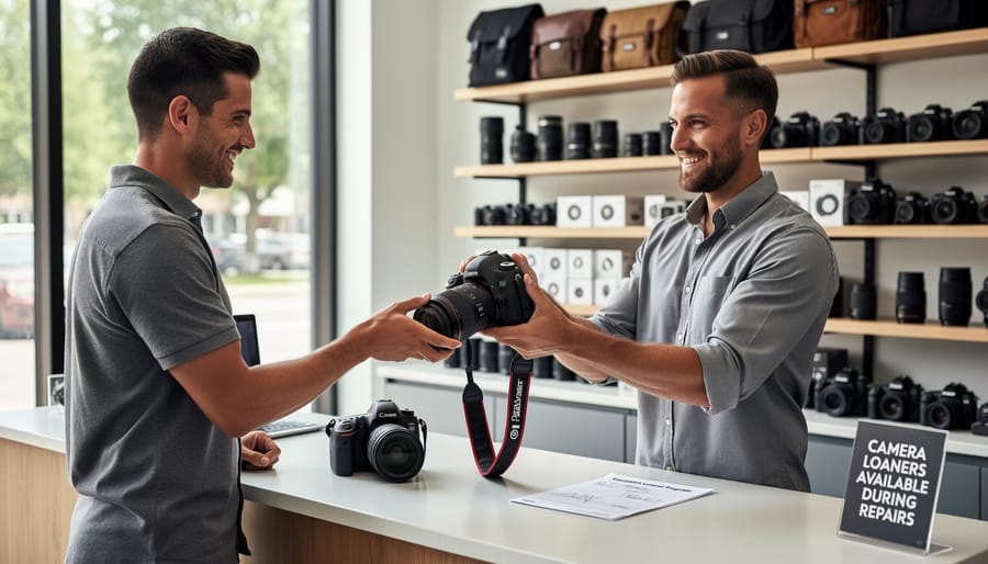 Camera technician handing loaner camera equipment to photographer at service counter