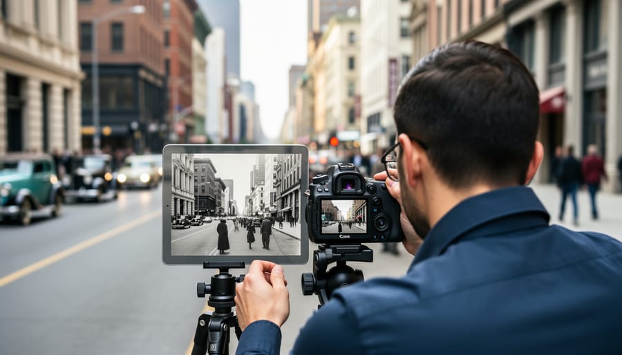 Camera screen showing overlay alignment technique for repeat photography
