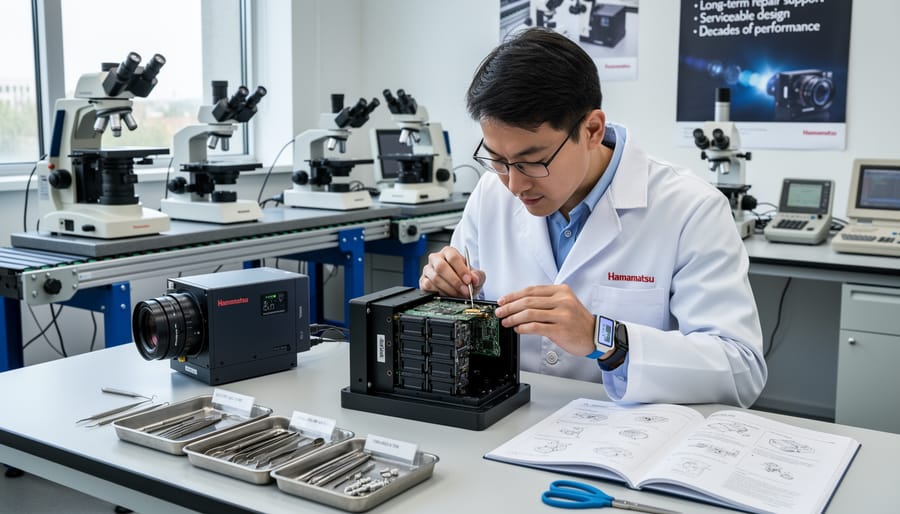 Technician performing precision repair work on professional scientific camera
