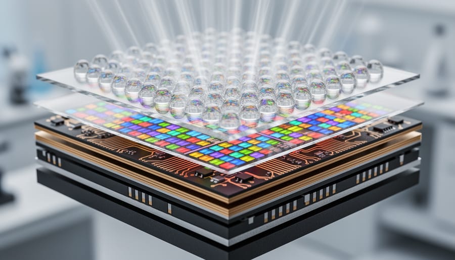 Close-up of camera sensor chip showing layered architecture and circuit components