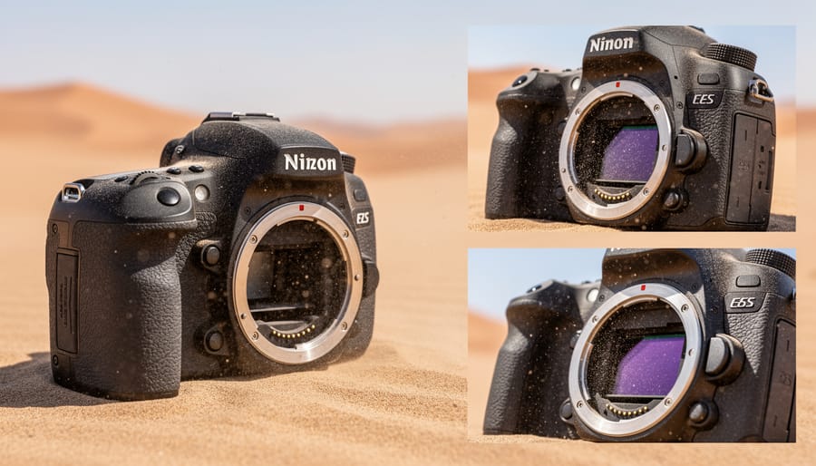 Macro photograph of camera sensor showing dust and sand particle contamination