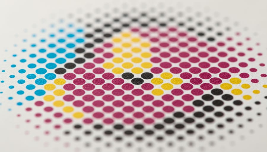 Macro view of CMYK halftone printing dots showing individual colored ink spots