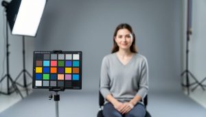 Unbranded color calibration chart on a stand next to a seated model in a studio, lit by soft diffused daylight and a side softbox; chart in sharp focus with blurred model, light stands, and gray seamless backdrop behind.