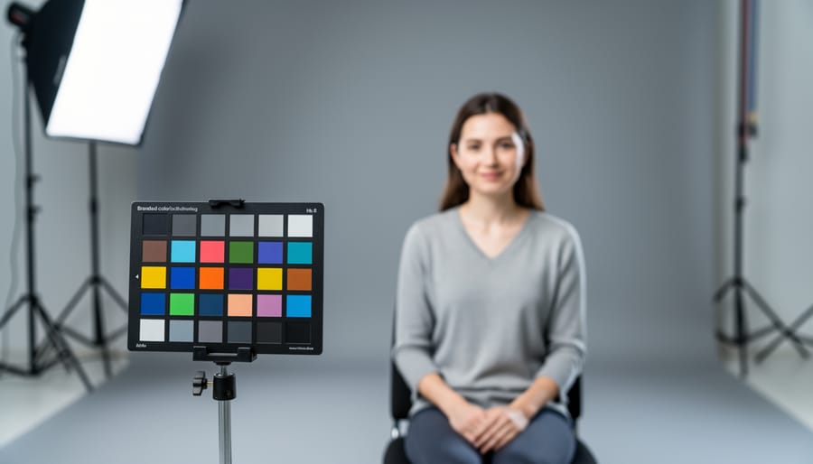 Unbranded color calibration chart on a stand next to a seated model in a studio, lit by soft diffused daylight and a side softbox; chart in sharp focus with blurred model, light stands, and gray seamless backdrop behind.