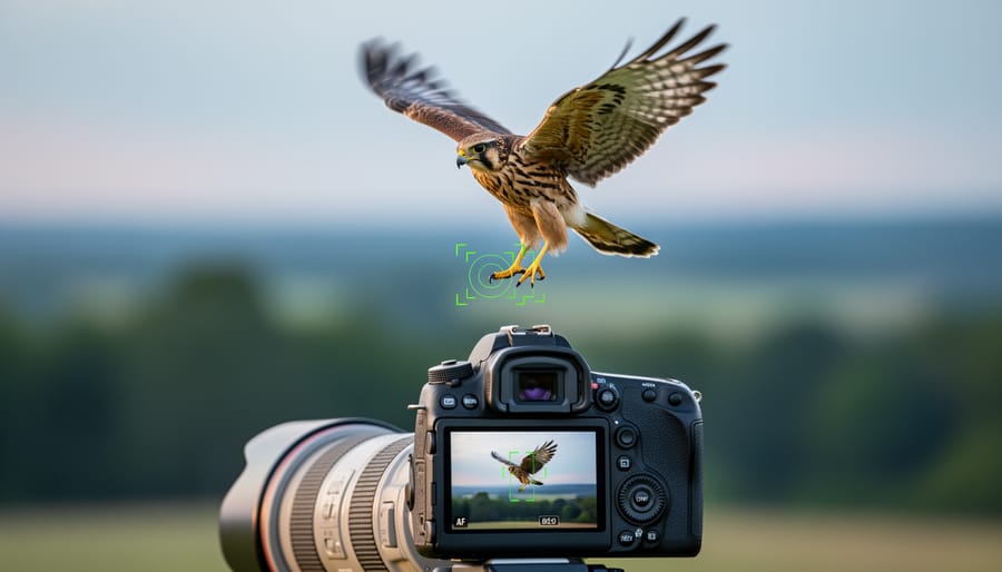Bird in flight captured with sharp focus using continuous autofocus tracking
