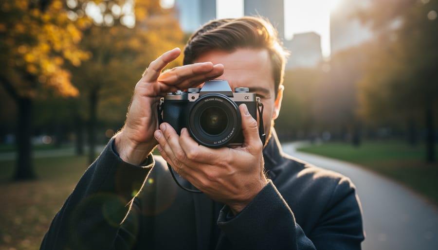 Photographer at golden hour raising a hand to shade a mirrorless camera lens with the sun just outside the frame, soft lens flare veils visible, blurred park trees and path behind.