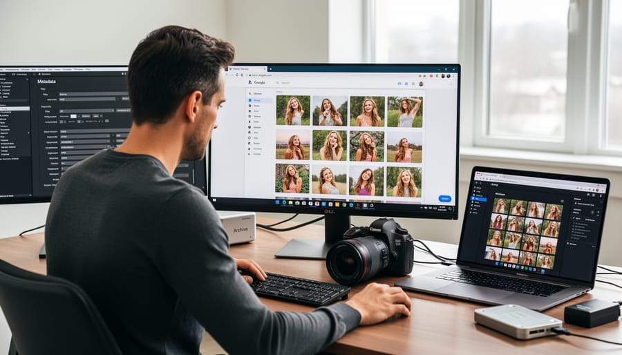 Laptop and smartphone showing photo editing software and Google Photos with metadata synchronization