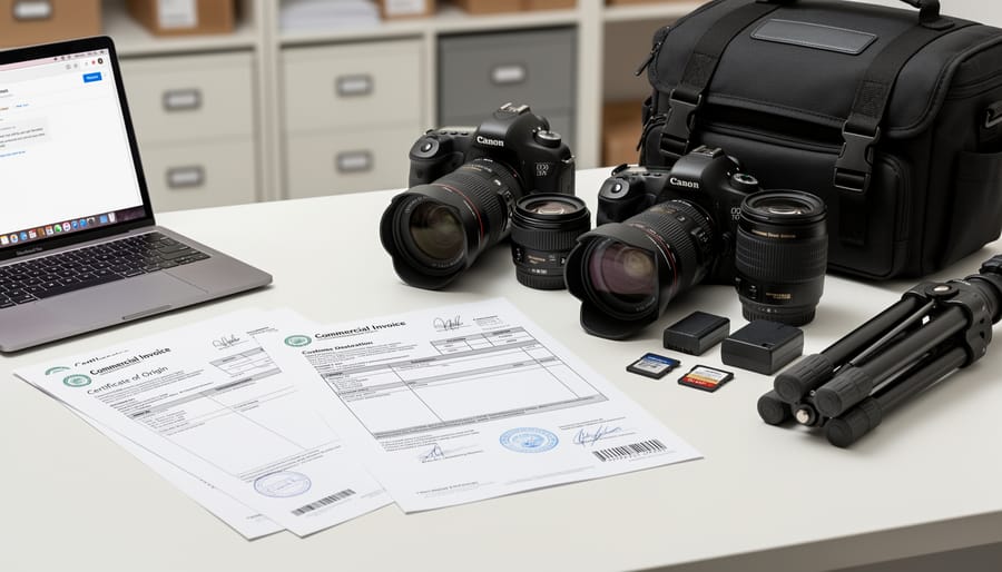 Customs documents and commercial invoices arranged with professional camera equipment