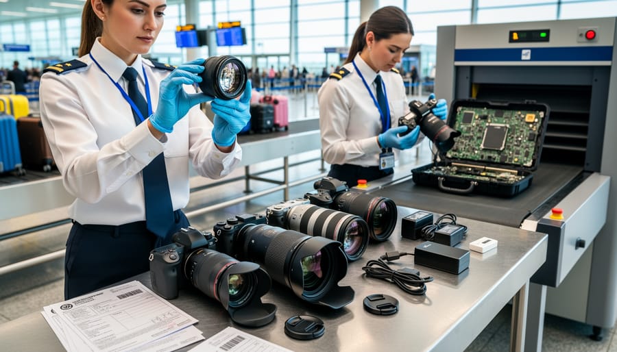 Customs inspector examining professional camera lens during inspection process