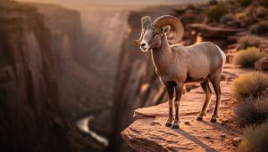 Rim-lit desert bighorn sheep on a rocky canyon ledge at sunrise, viewed from a slightly low angle with blurred rust-colored canyon walls and sparse desert vegetation in the background.