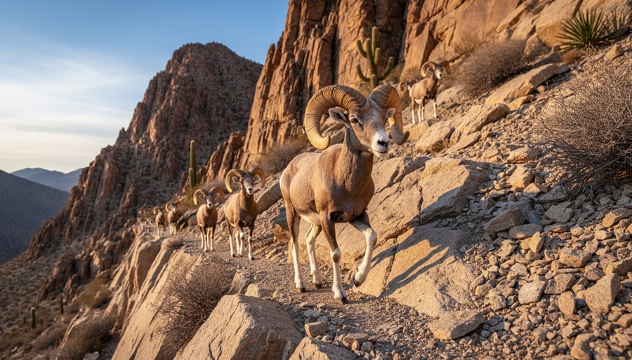 Desert bighorn sheep with curved horns standing on rocky cliff in bright desert sunlight