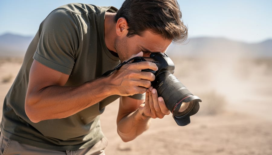 Photographer demonstrating proper lens changing technique in desert environment