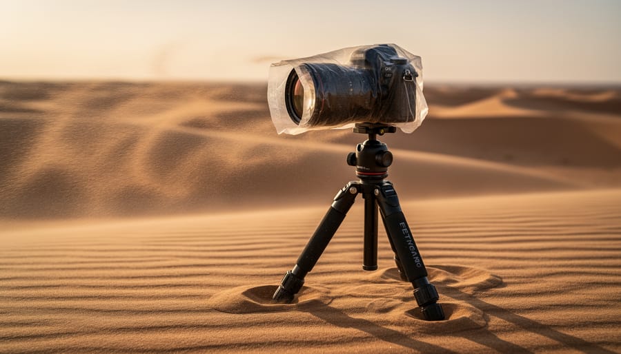 Dust-covered mirrorless camera on tripod with clear protective cover and UV filter on rippled desert dunes at golden hour, side lighting, blowing sand, and blurred dunes with heat haze in the background.