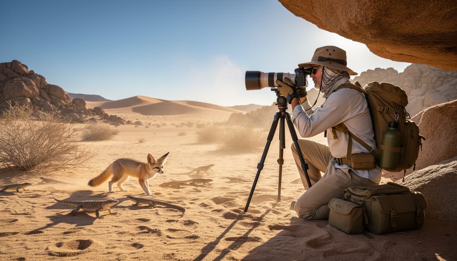 Photographer with camera equipment set up in desert landscape at golden hour