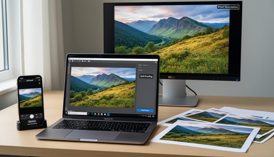 Photographer using mobile app and computer monitor for photo editing and color management