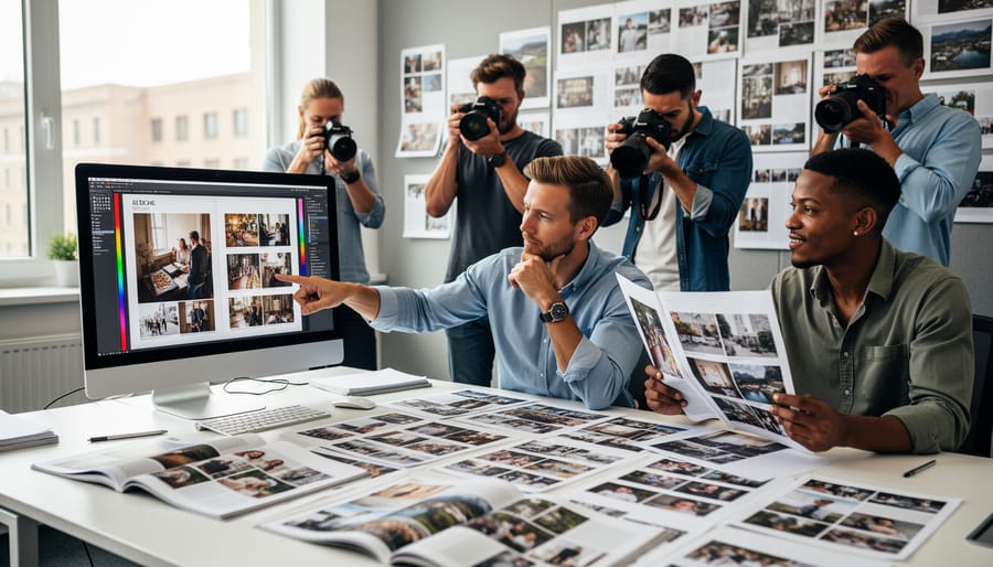 Editor reviewing photography magazine layout with camera and photo prints on desk