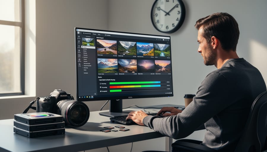 Professional photographer working efficiently with dual monitor workstation setup