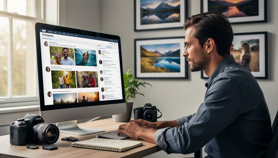Photographer engaging with online photography forum on laptop, typing response to community feedback
