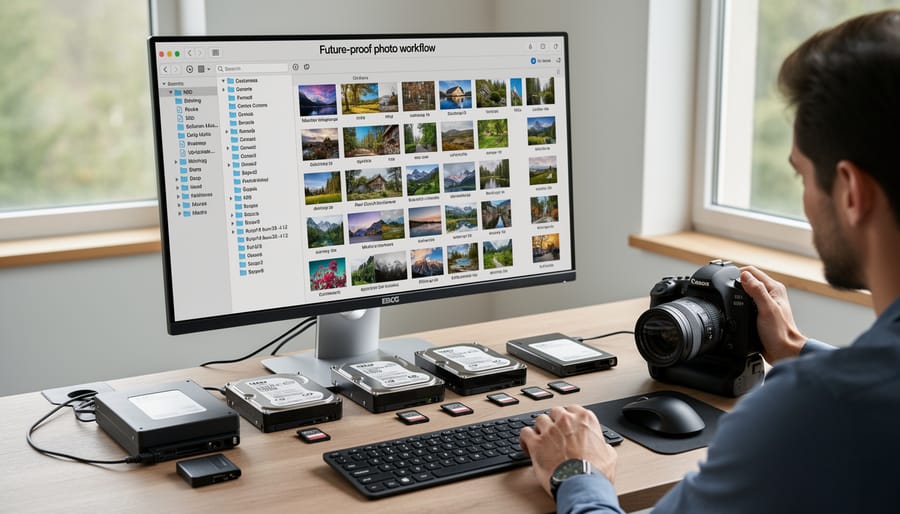 Photographer working at computer with dual monitors displaying photo editing software and external storage