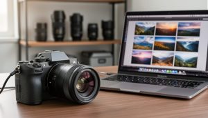 Mirrorless camera tethered to a laptop displaying a blurred grid of photos on a clean studio desk, softly lit, with lenses and gear out of focus in the background.