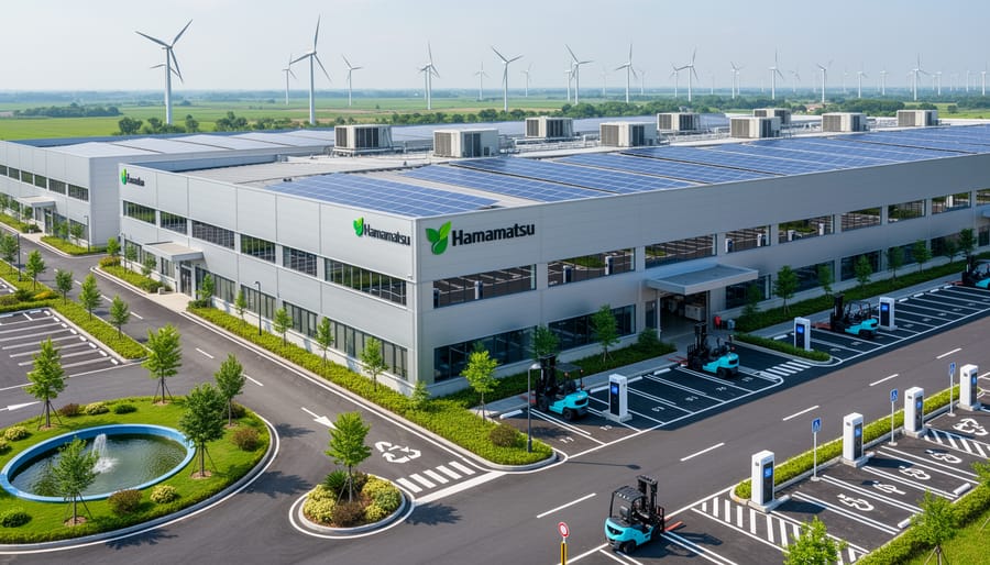 Modern green manufacturing facility with solar panels and efficient lighting systems