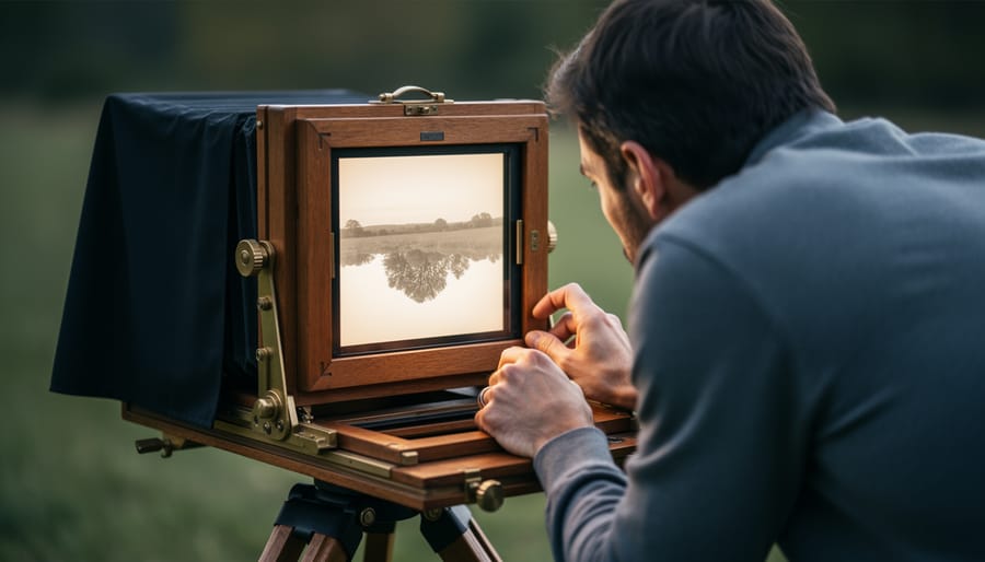 Photographer under dark cloth viewing ground glass of large format camera in landscape setting