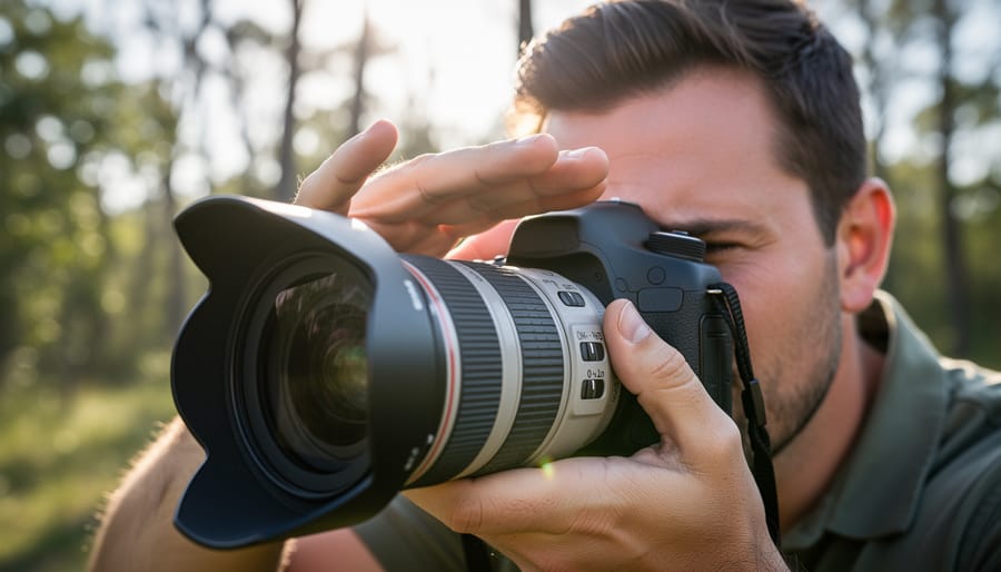 Photographer's hand shading camera lens to prevent sun flare