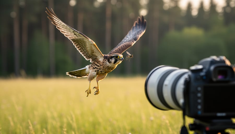 Wildlife photograph of falcon captured mid-flight hunting fish from water