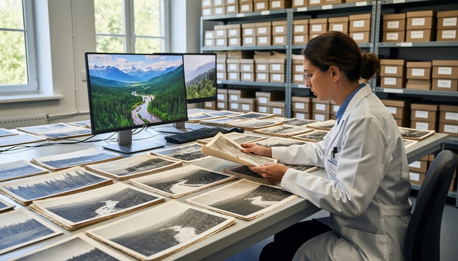 Researcher reviewing historical photographs in digital archive for photo monitoring project